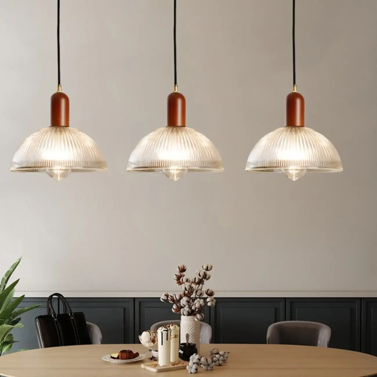 Modern Stripe Glass Bowl Pendant Light for Living Room Image - 6