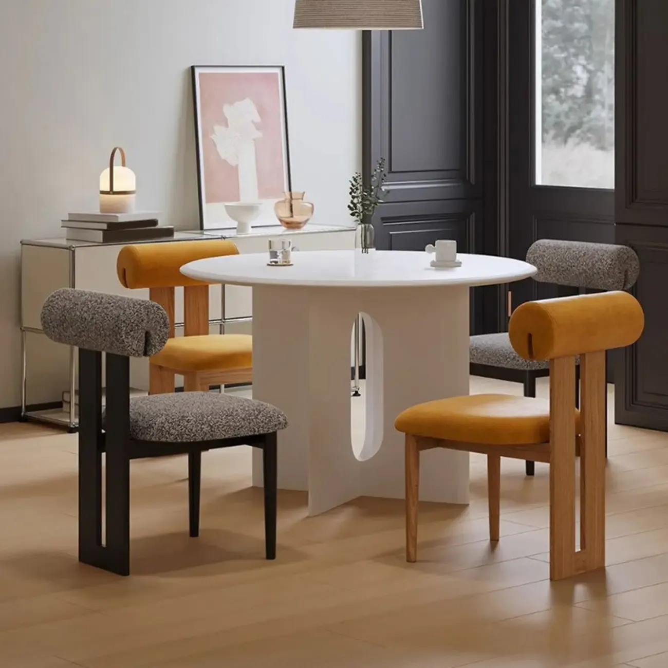 Scandinavian Faux Leather Upholstered Slat Back Dining Chair Image - 4