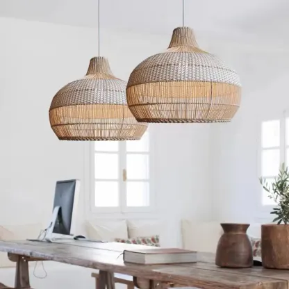 Wabi-Sabi Style Rattan Lantern LED Pendant Lamp for Living Room Image - 1
