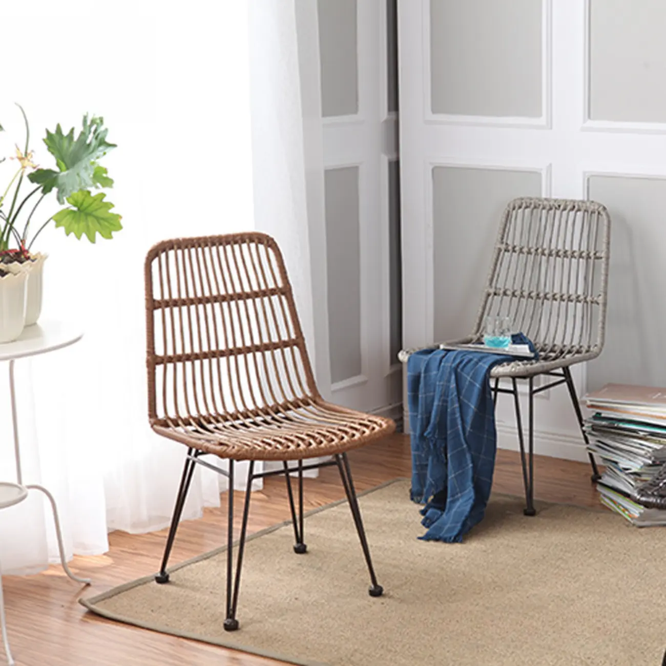 Knitted Hand Woven Dining Chair Armless with Metal Legs Image - 1 | homeyfad