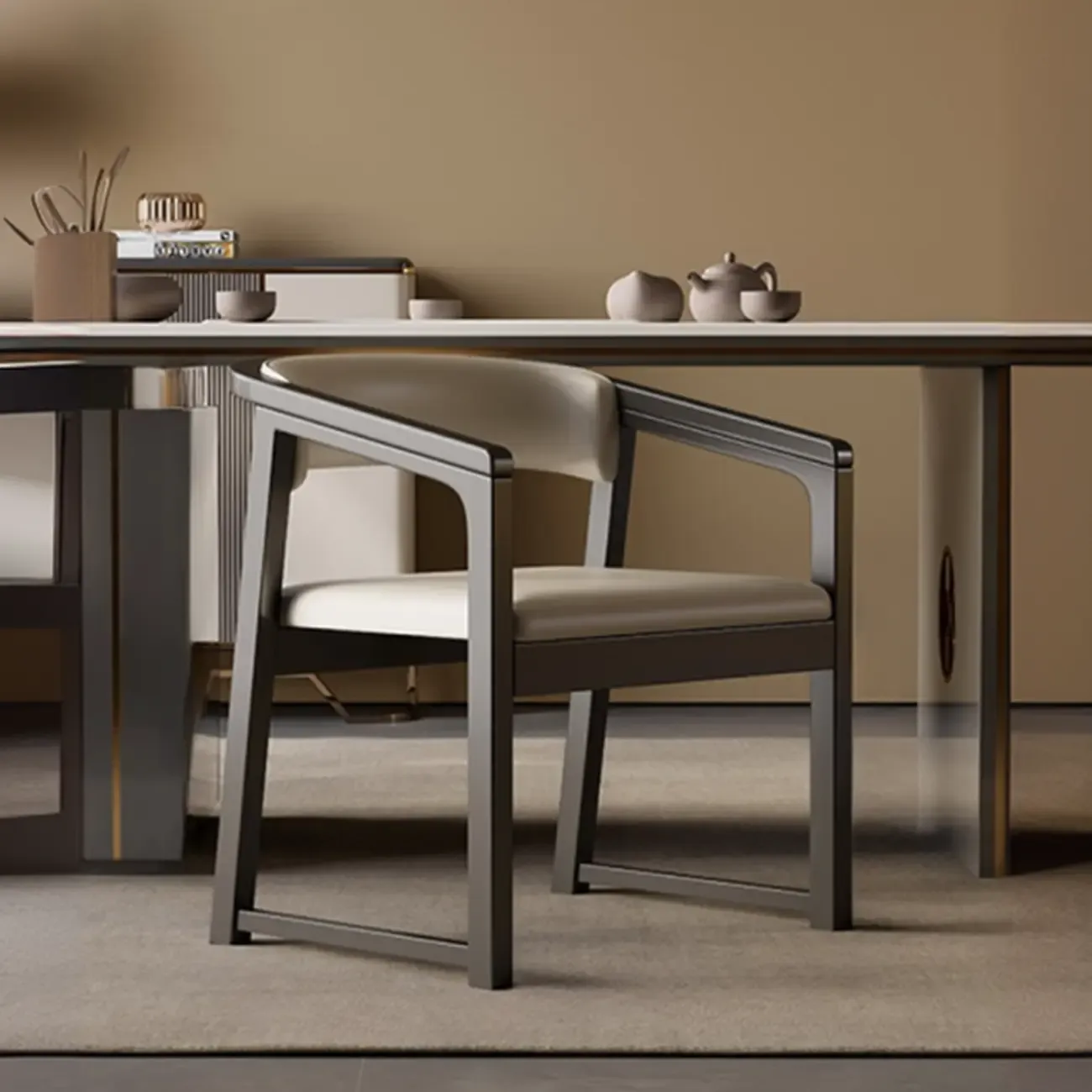 Modern Upholstered Metal Dining Arm Chair Image - 2