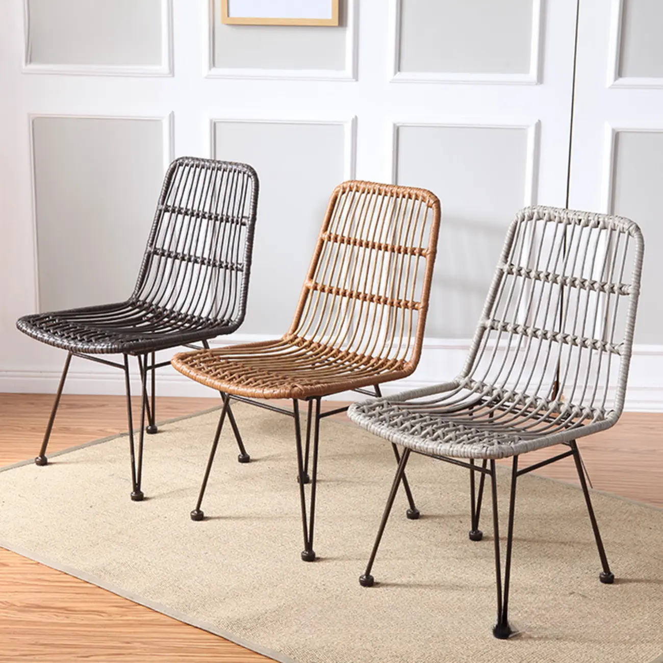 Knitted Hand Woven Dining Chair Armless with Metal Legs Image - 2 | homeyfad