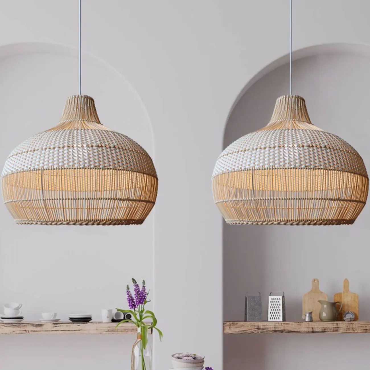 Wabi-Sabi Style Rattan Lantern LED Pendant Lamp for Living Room Image - 8 | homeyfad