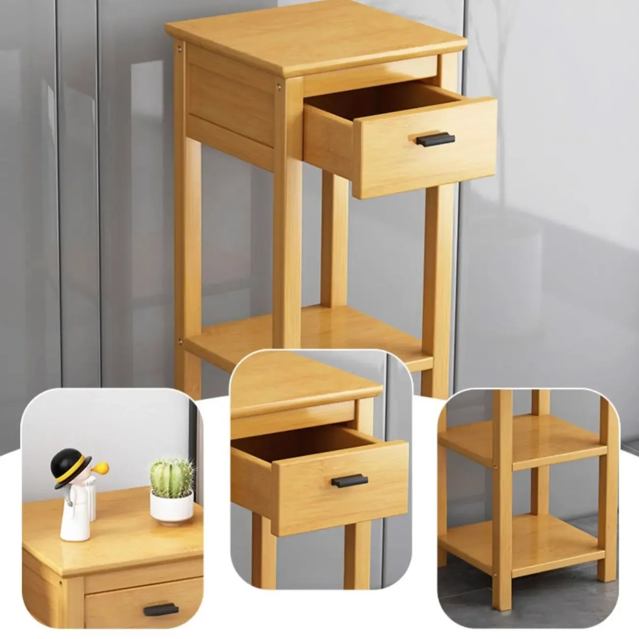 Simple Solid Wooden Nightstand with Drawers and Shelf Storage Image - 11