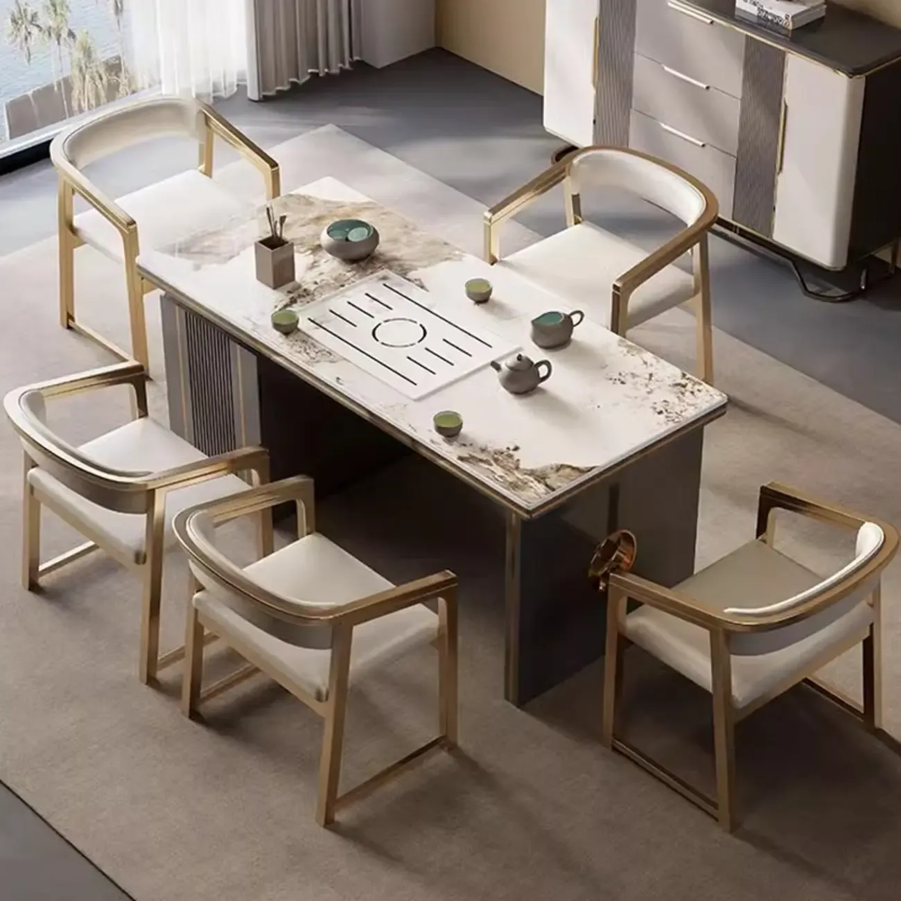 Modern Upholstered Metal Dining Arm Chair Image - 5