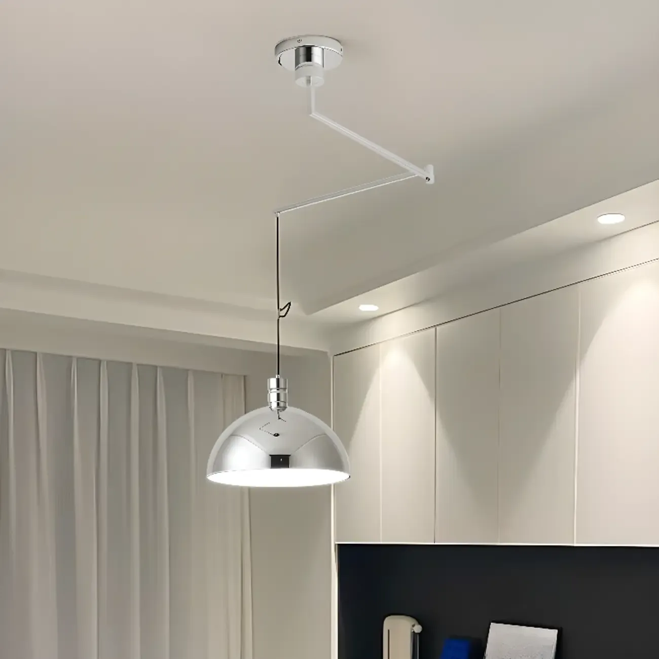 Minimalist White Half Bowl Pendant Lamp and Adjustable Metal Cord Image - 6