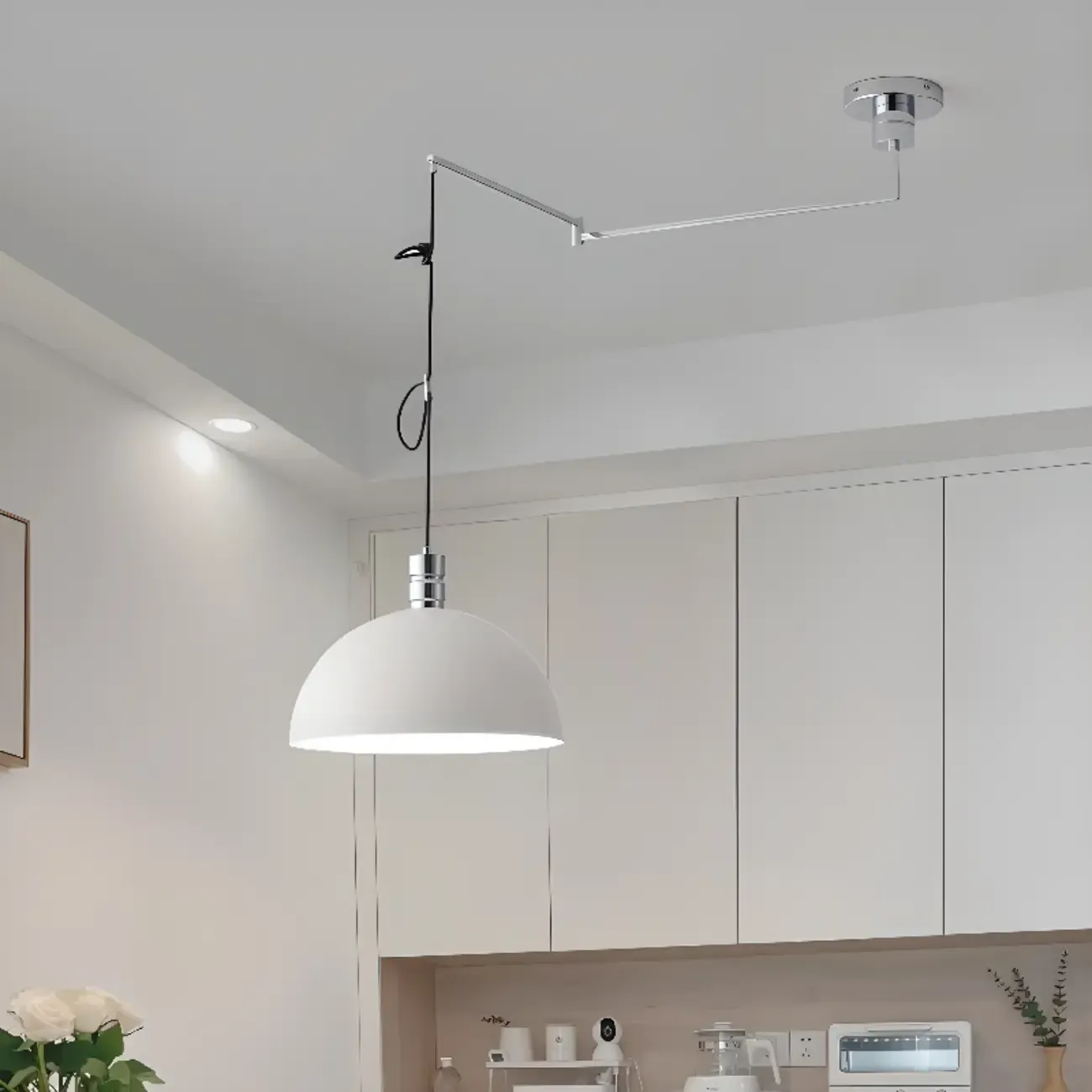 Minimalist White Half Bowl Pendant Lamp and Adjustable Metal Cord Image - 7
