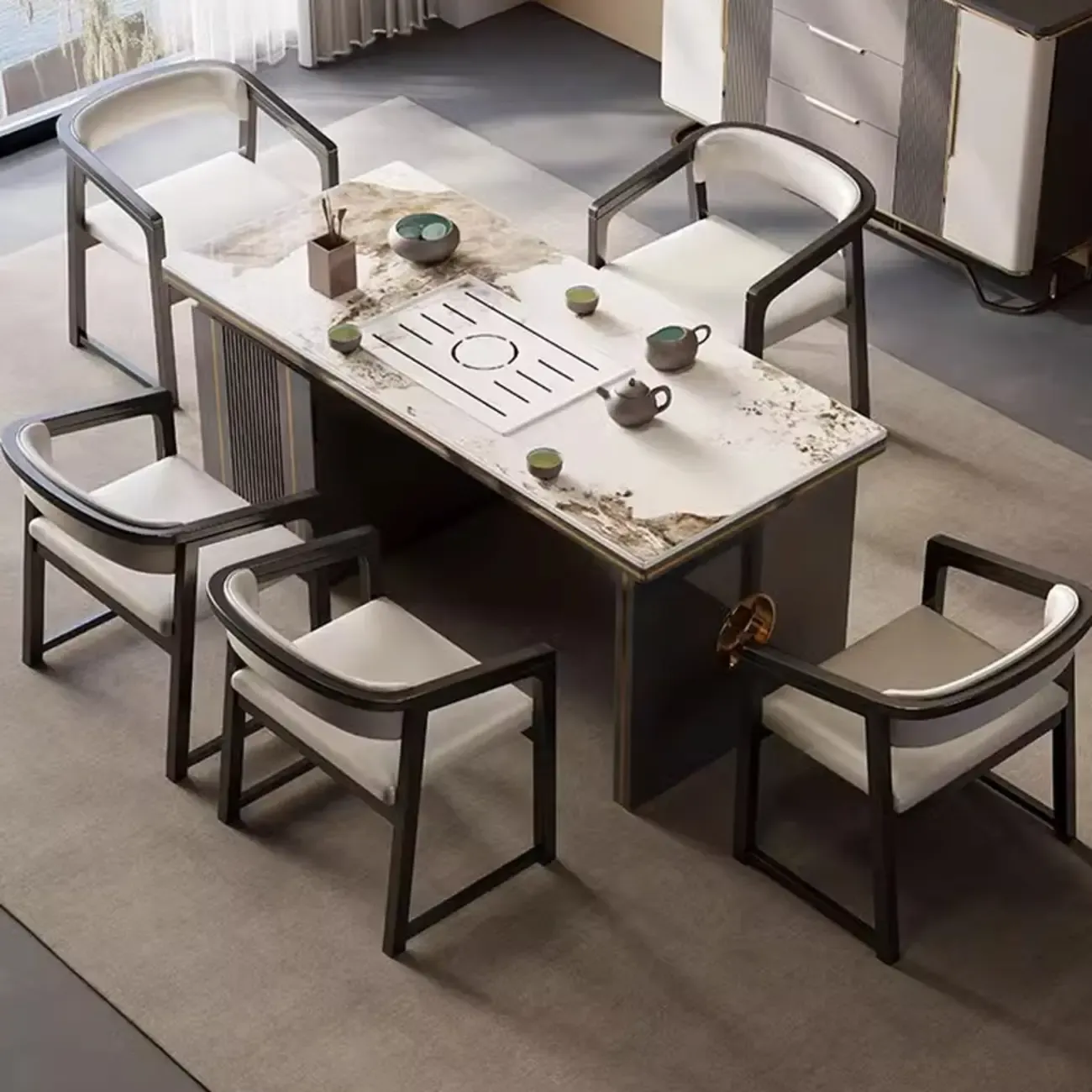 Modern Upholstered Metal Dining Arm Chair Image - 7