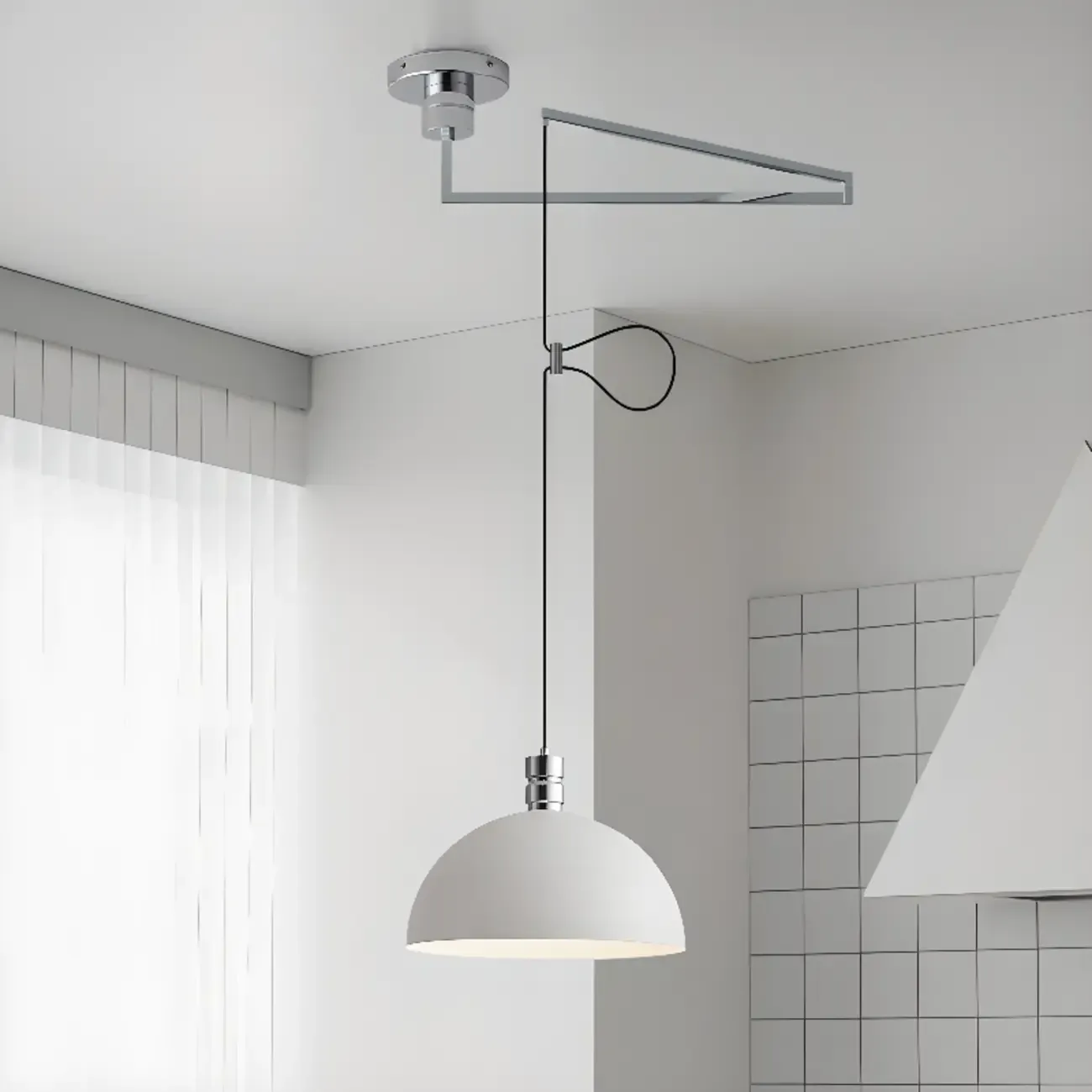 Minimalist White Half Bowl Pendant Lamp and Adjustable Metal Cord Image - 8