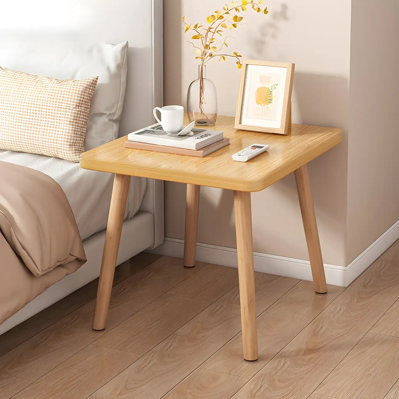 Contemporary Wood Small Round Bedside Table with Shelf Image - 4