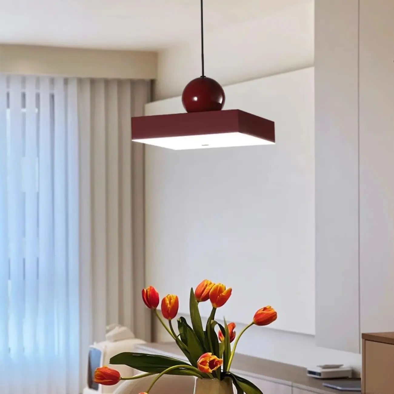 Modern Burgundy Rectangular LED Pendant Light for Living Room Image - 1 | homeyfad