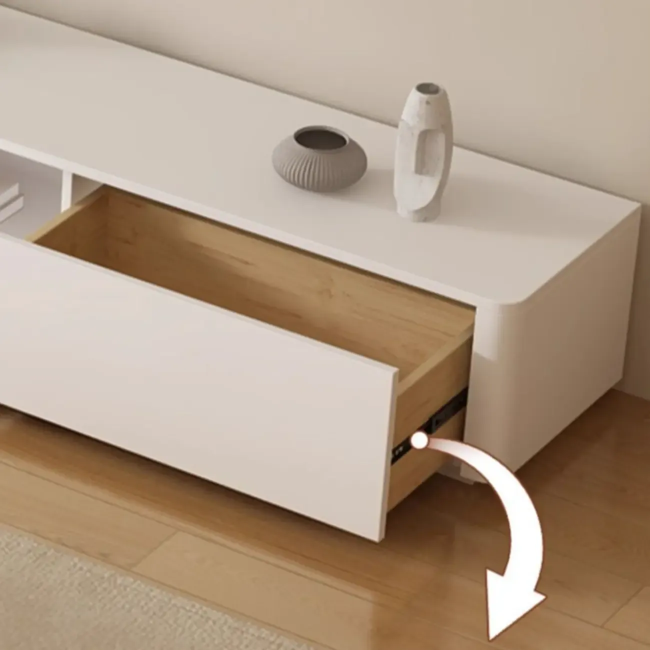 Minimalist White Wooden TV Stand with Cable Management Image - 7