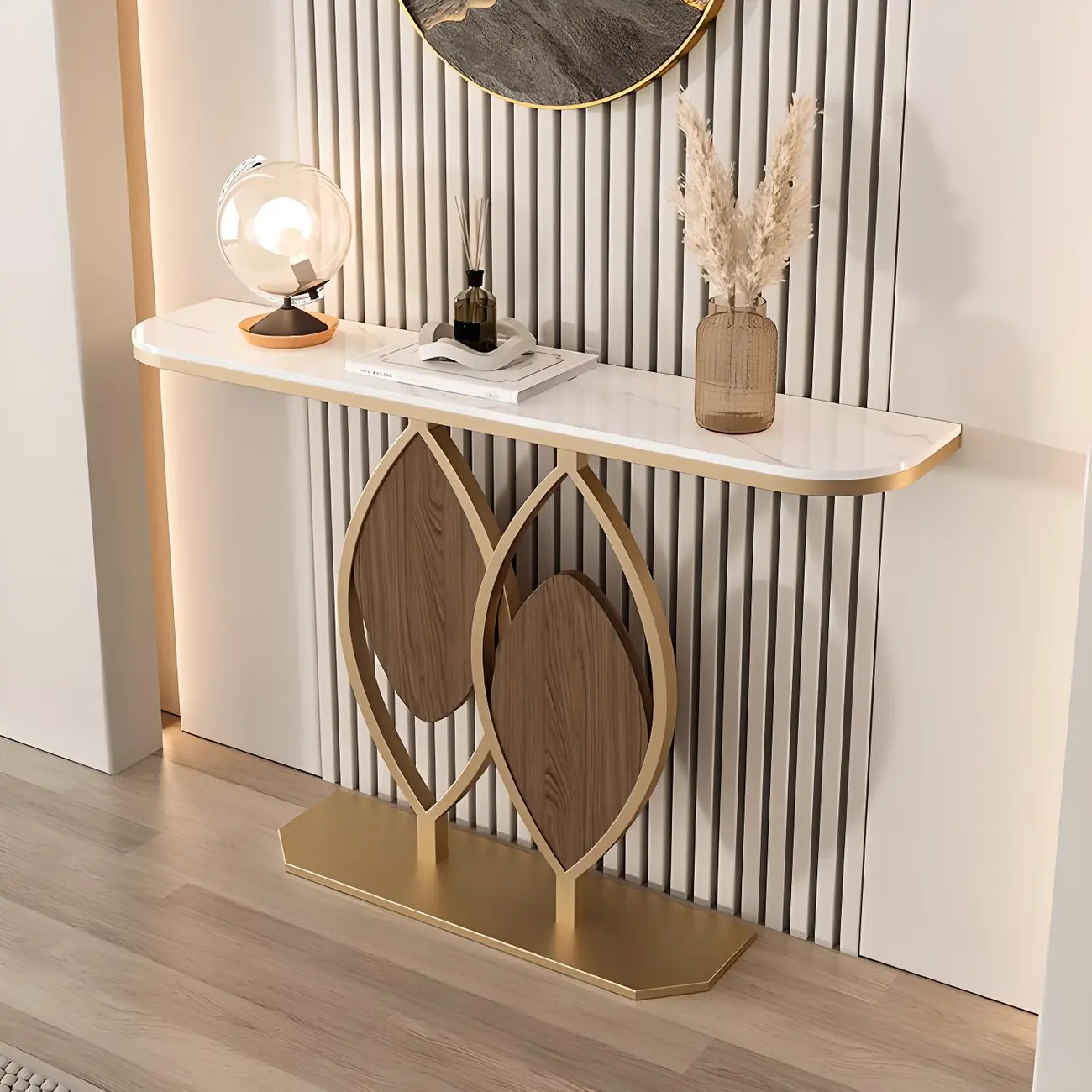 Glam Half-circle Marble Top Console Table with Artistic Base Image - 1 | homeyfad