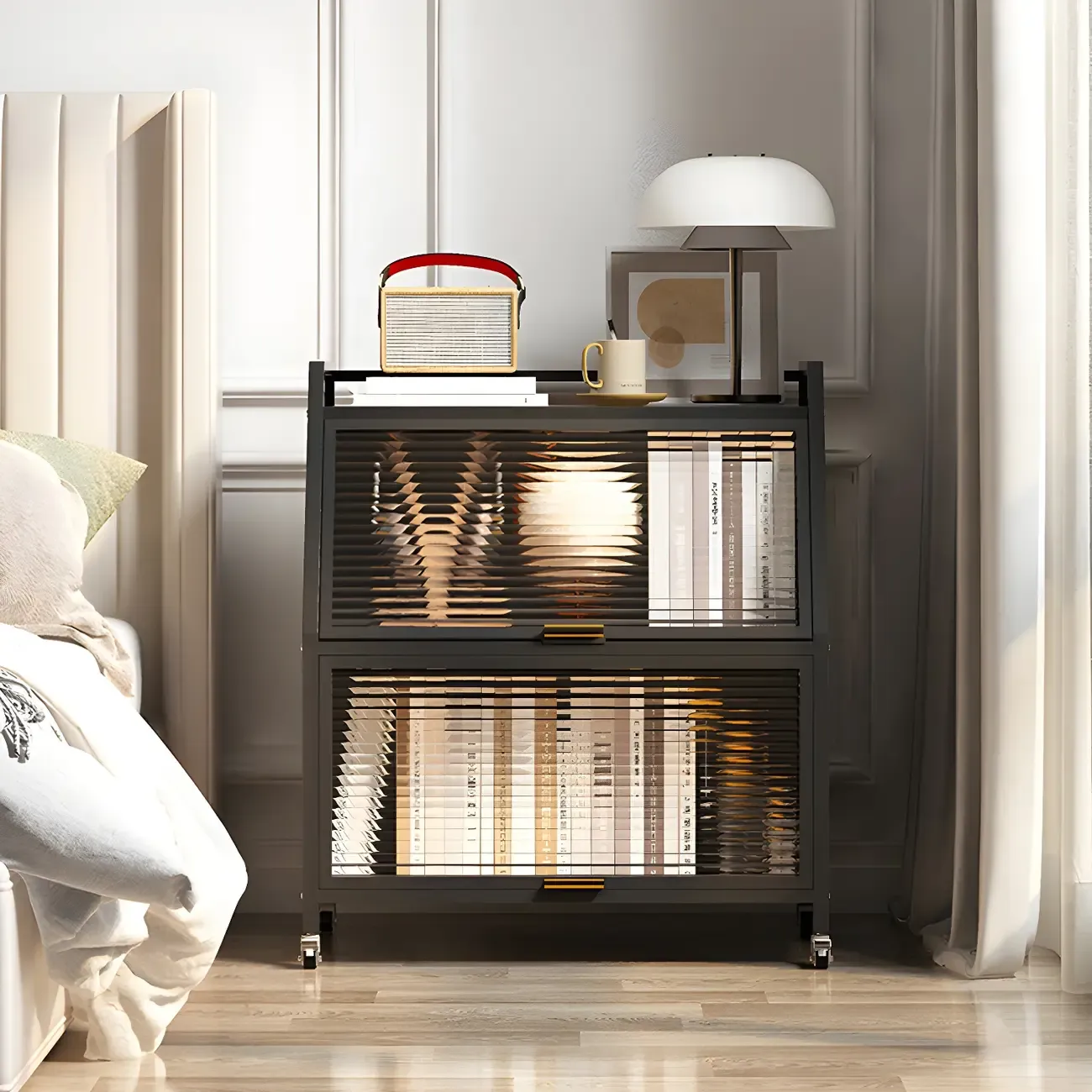 Modish Metal Black Bedside Cabinet with Clear Glass Doors Image - 1