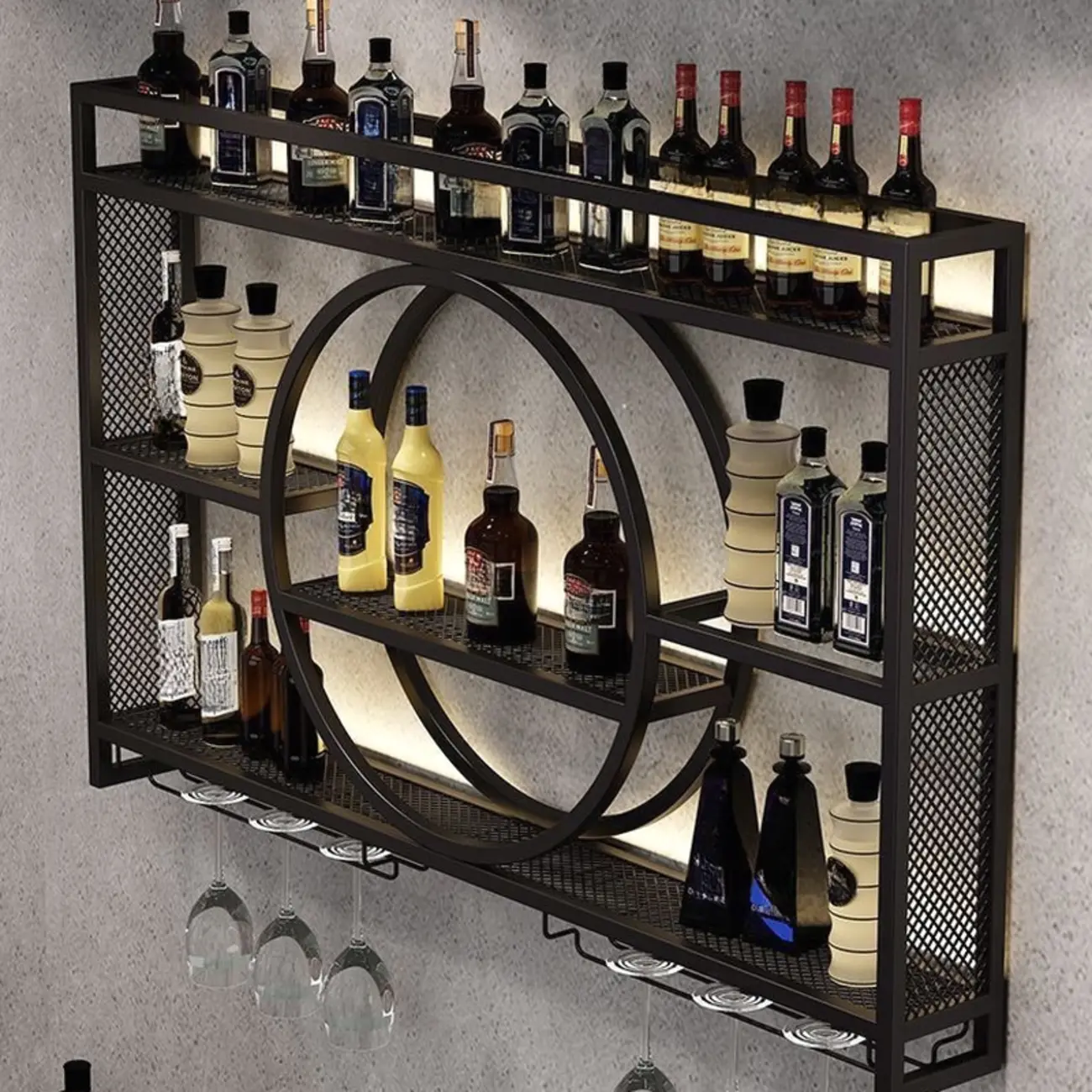 Black Wall Mounted Wine Rack Metal Holder with Shelf Image - 1 | homeyfad