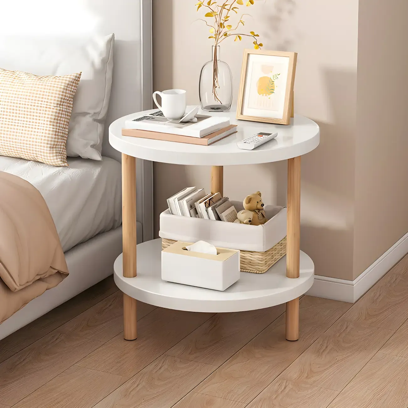 Contemporary Wood Small Round Bedside Table with Shelf Image - 2