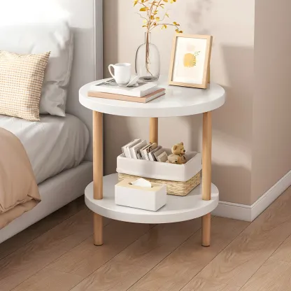 Contemporary Wood Small Round Bedside Table with Shelf Image - 18