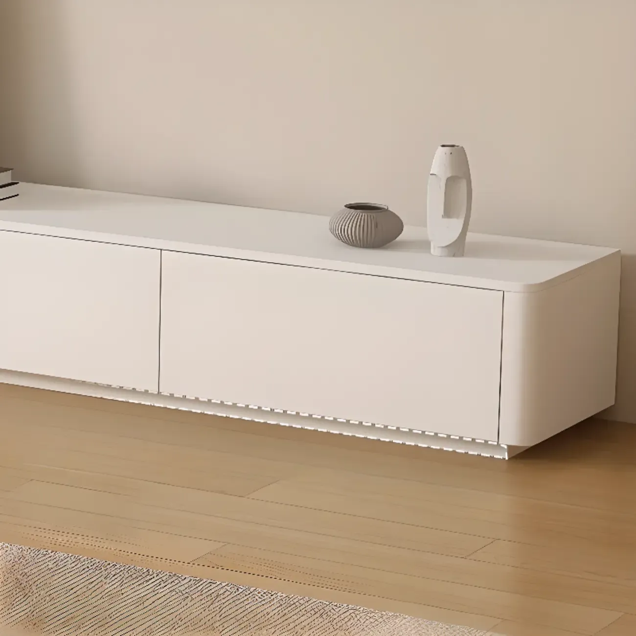 Minimalist White Wooden TV Stand with Cable Management Image - 9