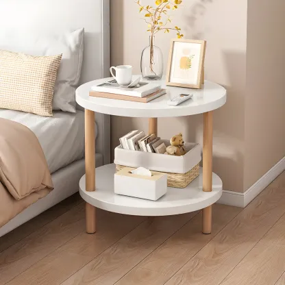 Contemporary Wood Small Round Bedside Table with Shelf Image - 19
