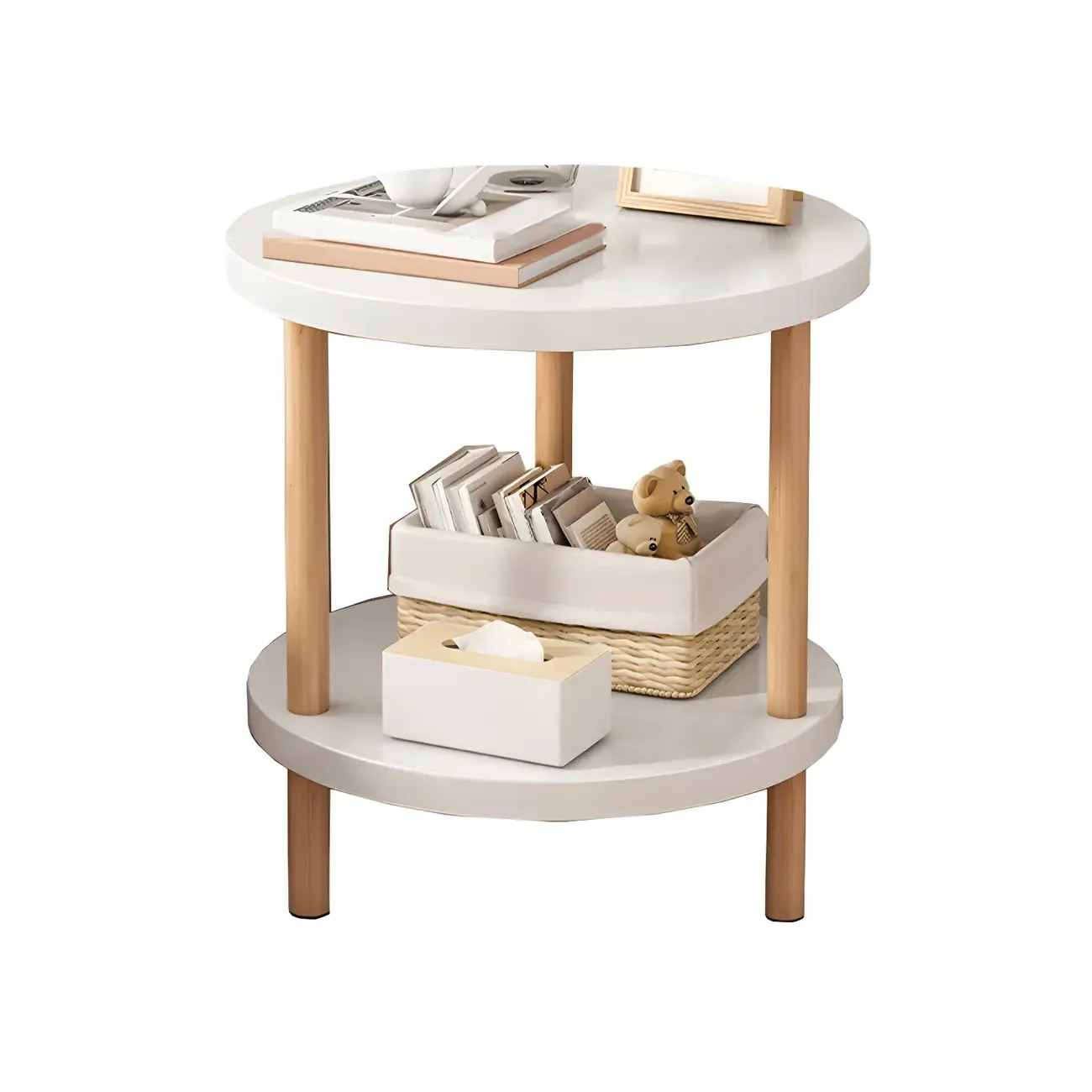 Contemporary Wood Small Round Bedside Table with Shelf Image - 29