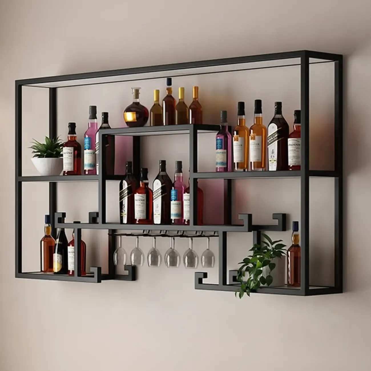 Floating Mount Metal Wine Rack with Glass Holder Shelf Image - 1