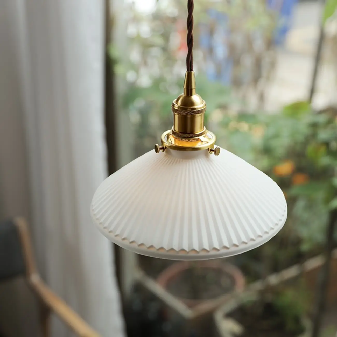 Elegant Classic Ceramic Pleated Cone Pendant Lamp for Living Room Image - 1 | homeyfad