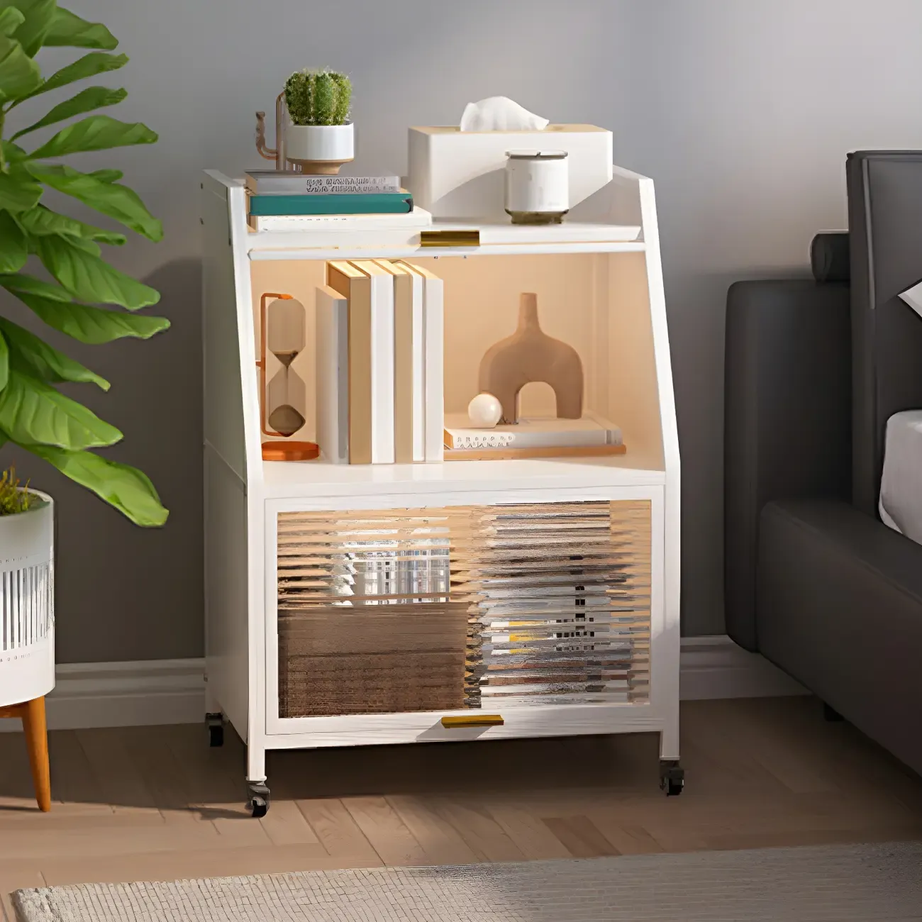 Modish Metal Black Bedside Cabinet with Clear Glass Doors Image - 2