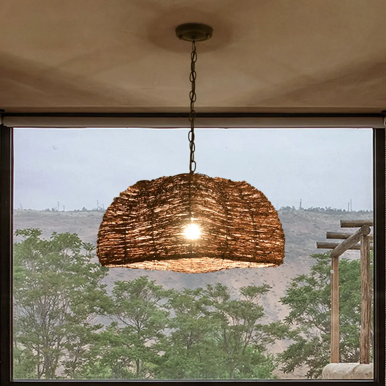Natural Wood Woven Bowl Pendant Lamp for Indoor Spaces Image - 1 | homeyfad