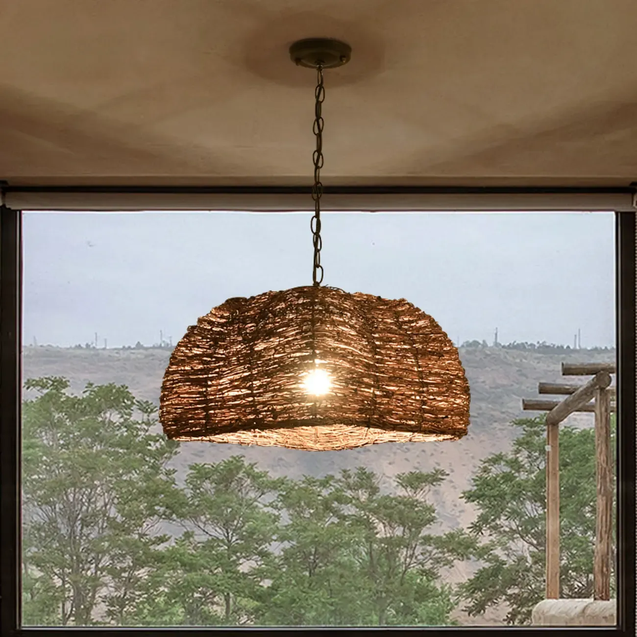 Natural Wood Woven Bowl Pendant Lamp for Indoor Spaces Image - 1
