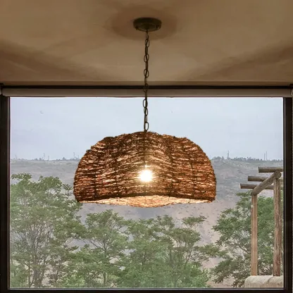 Natural Wood Woven Bowl Pendant Lamp for Indoor Spaces Image - 1