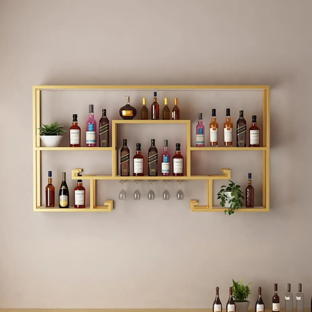 Floating Mount Metal Wine Rack with Glass Holder Shelf Image - 2