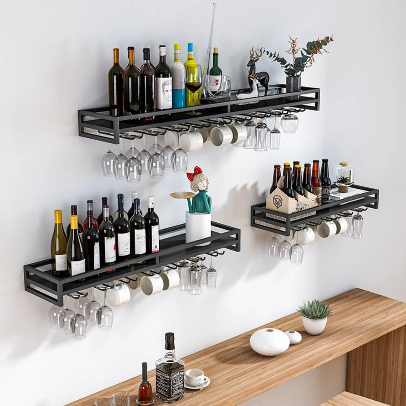 Simple Rectangle Black Wall Mounted Metal Wine Rack Image - 1 | homeyfad