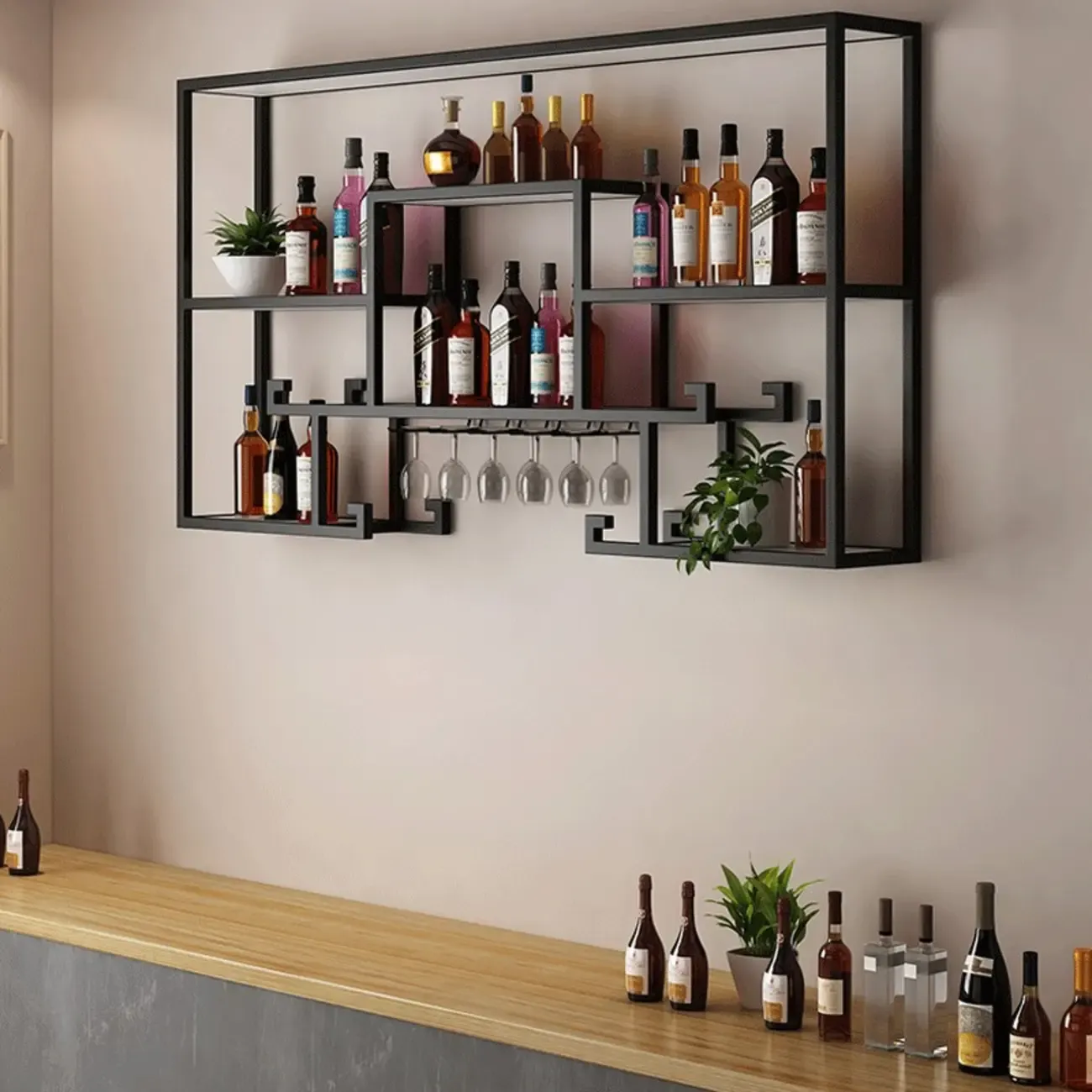 Floating Mount Metal Wine Rack with Glass Holder Shelf Image - 3