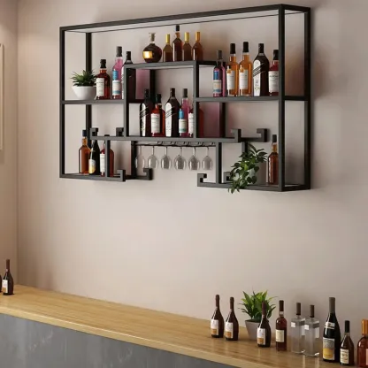 Floating Mount Metal Wine Rack with Glass Holder Shelf Image - 3