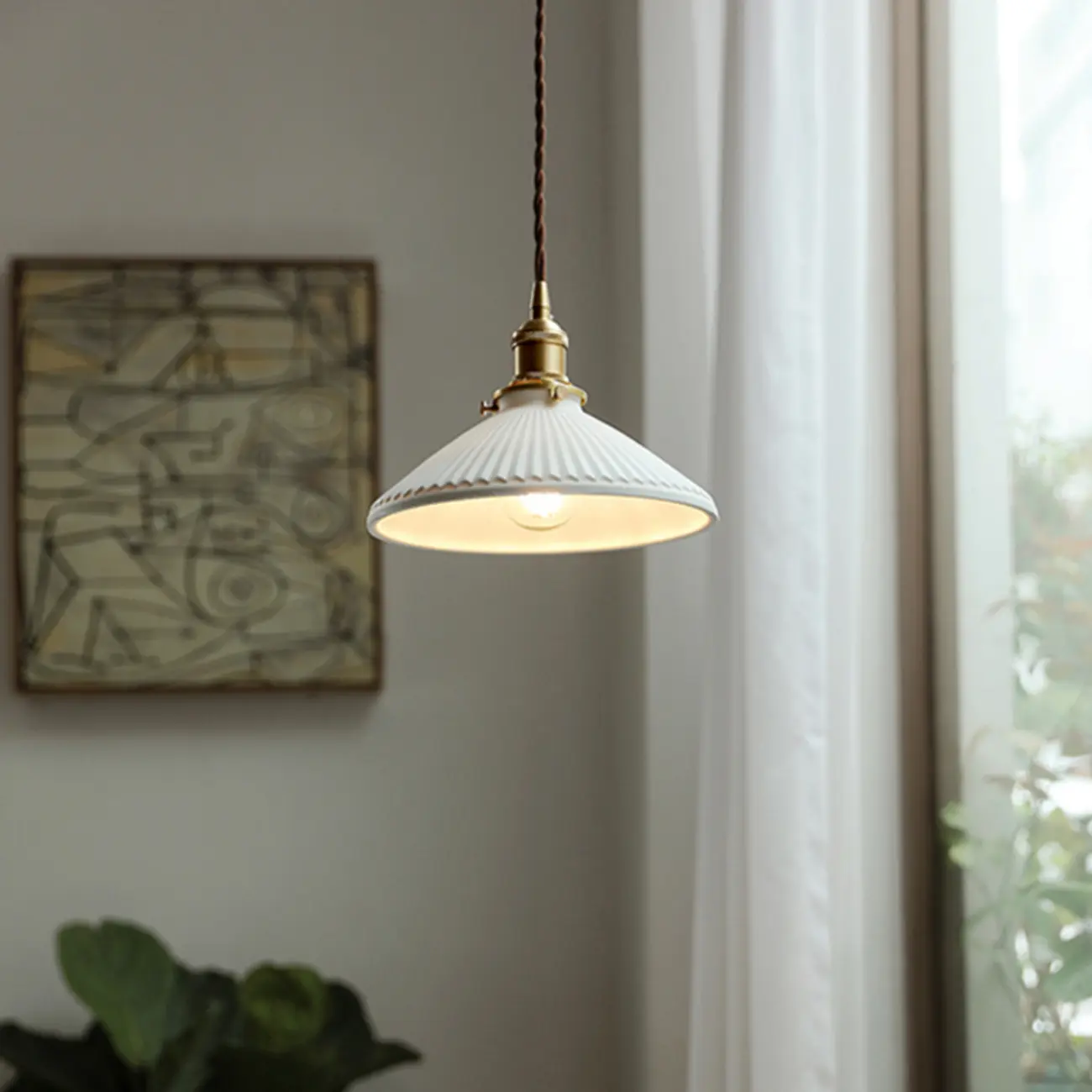 Elegant Classic Ceramic Pleated Cone Pendant Lamp for Living Room Image - 4 | homeyfad
