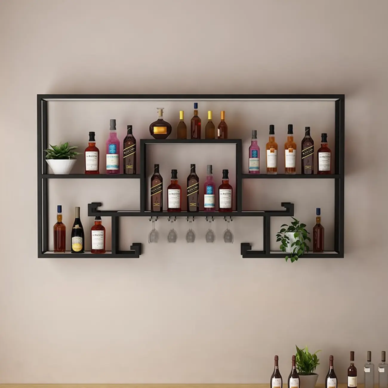 Floating Mount Metal Wine Rack with Glass Holder Shelf Image - 4 | homeyfad