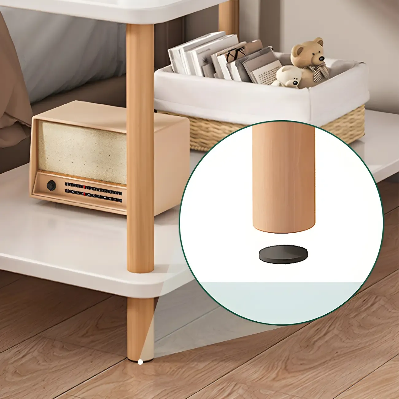 Contemporary Wood Small Round Bedside Table with Shelf Image - 7