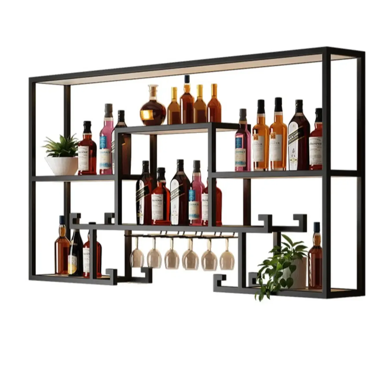 Floating Mount Metal Wine Rack with Glass Holder Shelf Image - 5