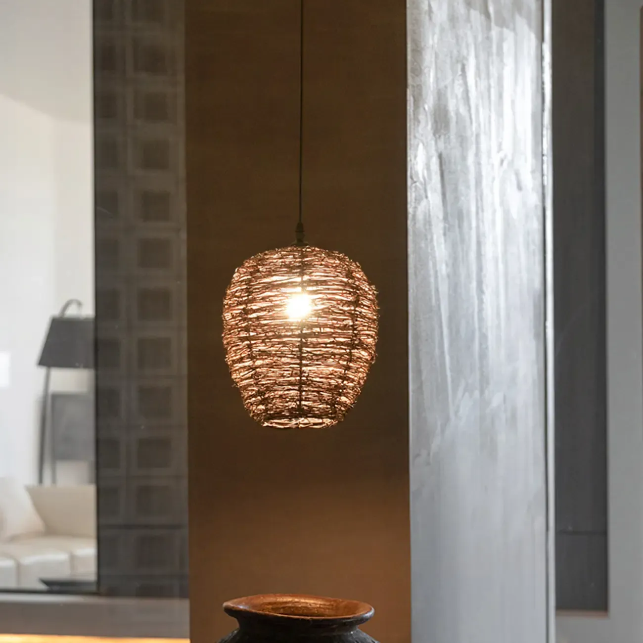 Natural Wood Woven Bowl Pendant Lamp for Indoor Spaces Image - 6