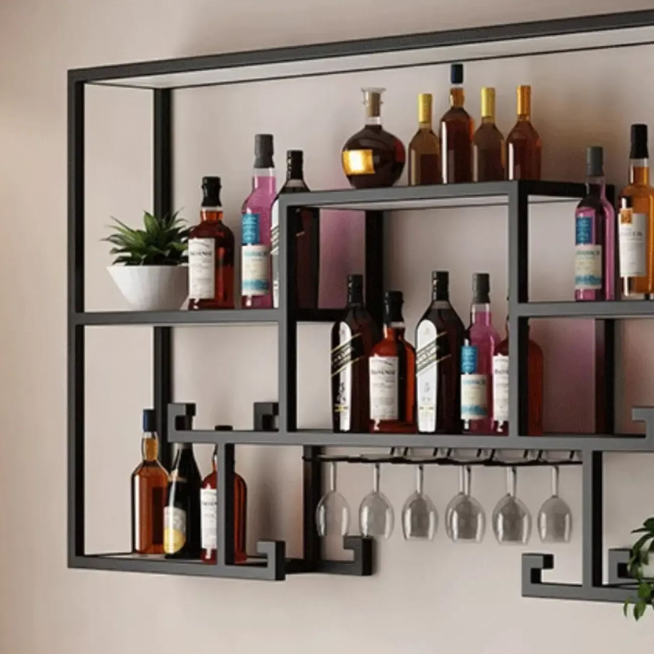 Floating Mount Metal Wine Rack with Glass Holder Shelf Image - 7