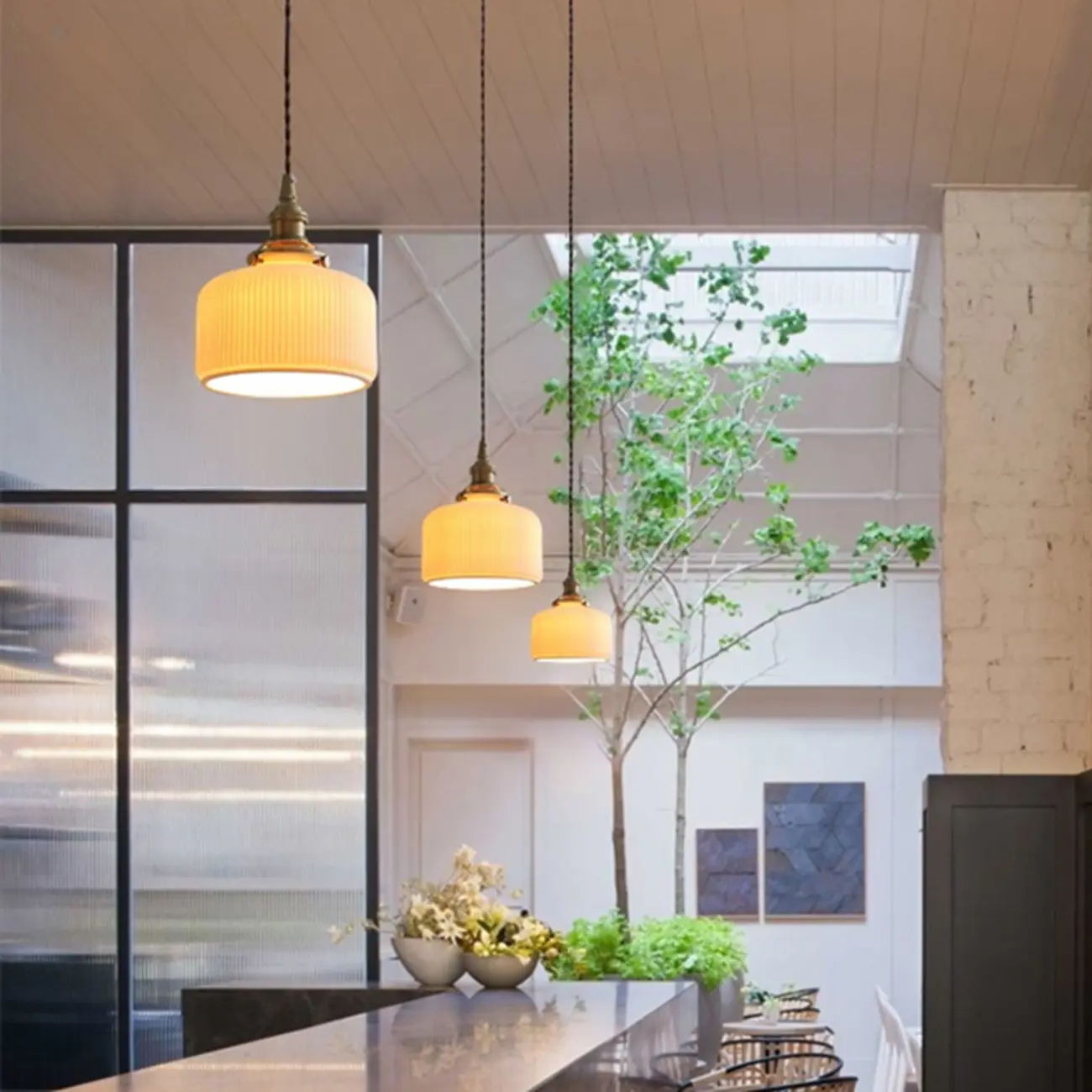 Elegant Classic Ceramic Pleated Cone Pendant Lamp for Living Room Image - 8 | homeyfad