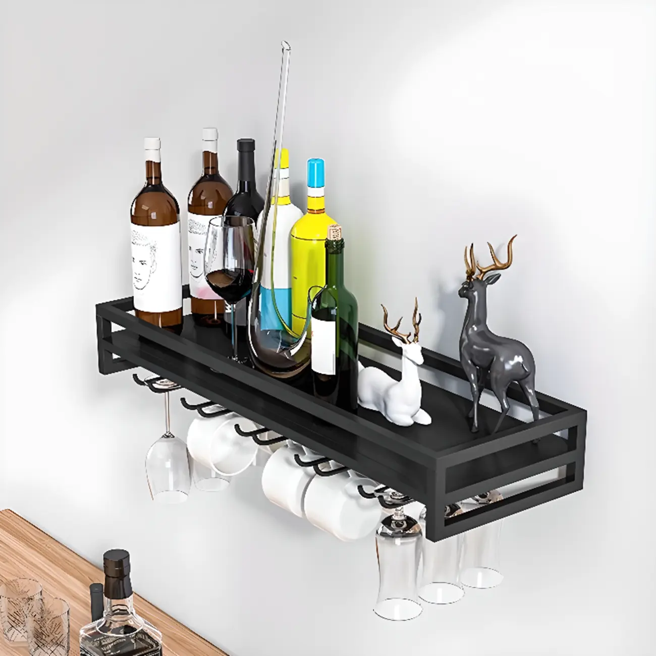 Simple Rectangle Black Wall Mounted Metal Wine Rack Image - 7 | homeyfad