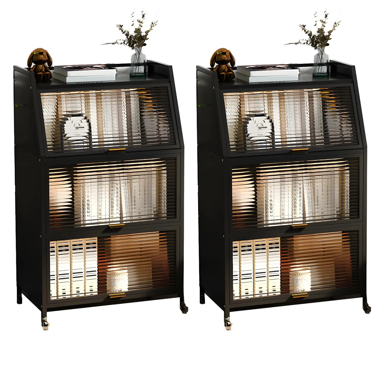 Modish Metal Black Bedside Cabinet with Clear Glass Doors Image - 14 | homeyfad