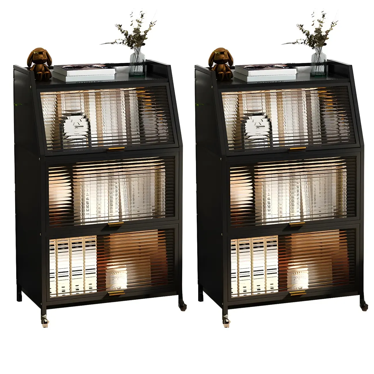 Modish Metal Black Bedside Cabinet with Clear Glass Doors Image - 14