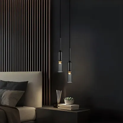 Modern Black Glass LED Cylinder Pendant Light for Dining Room Image - 2