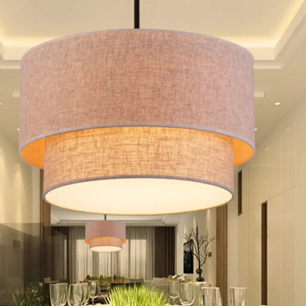 Modern 2 Tiers Fabric Drum Chandeliers for Living Room Image - 5