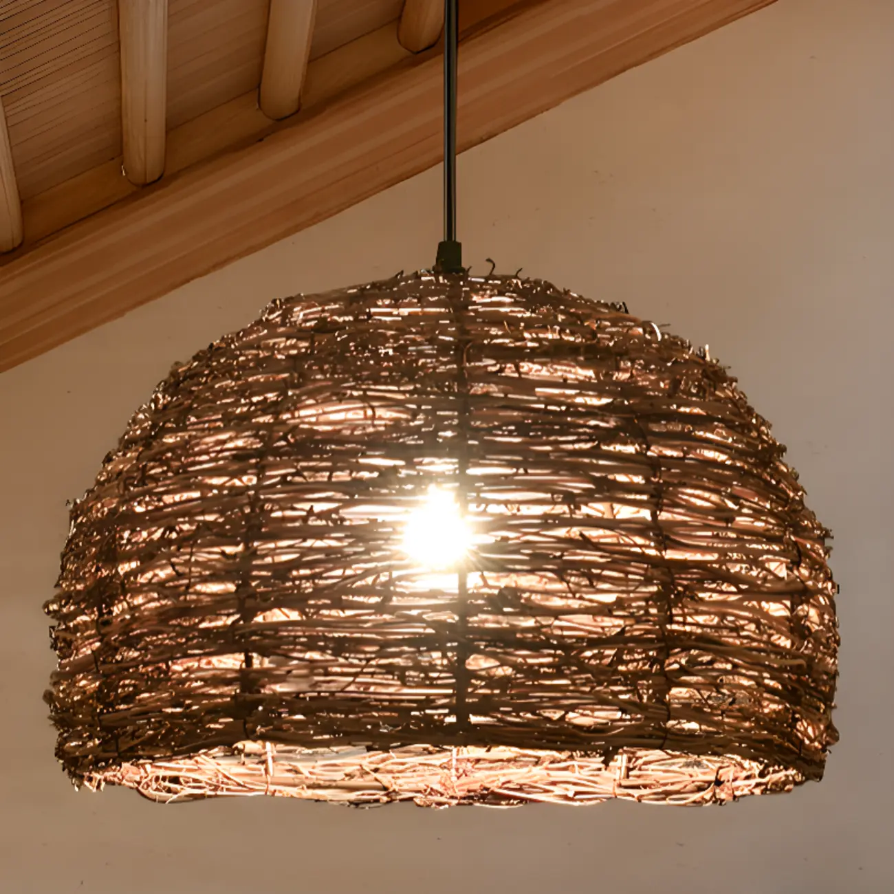 Natural Wood Woven Bowl Pendant Lamp for Indoor Spaces Image - 8 | homeyfad