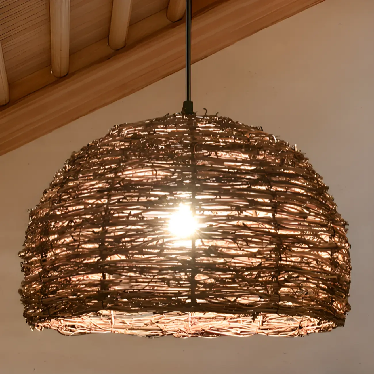 Natural Wood Woven Bowl Pendant Lamp for Indoor Spaces Image - 8