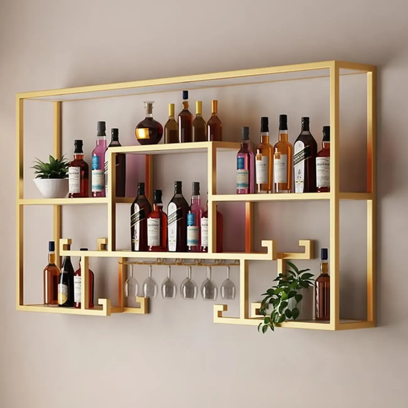 Floating Mount Metal Wine Rack with Glass Holder Shelf Image - 9