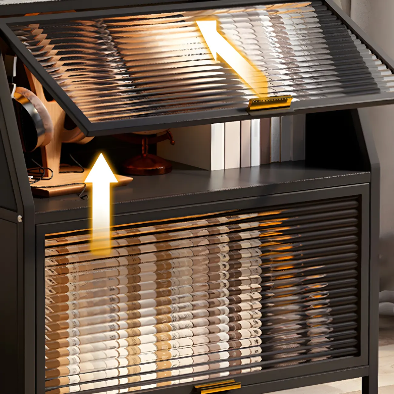 Modish Metal Black Bedside Cabinet with Clear Glass Doors Image - 15 | homeyfad